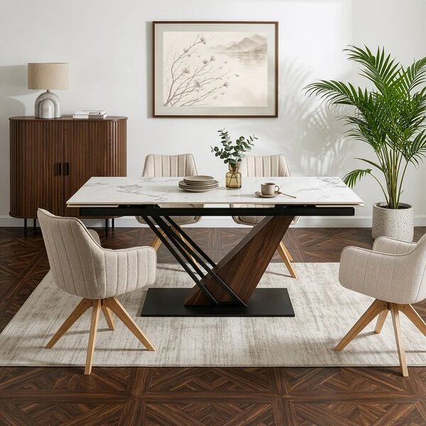 Stół Rozkładany Prostokątny REX 2 180-240 cm Ceramiczny Biały Marmur/Orzech Japandi