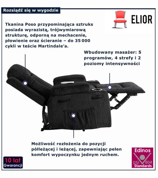 Czarny sztruksowy fotel masujący S6-B64