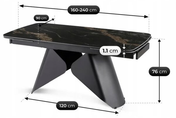 Stół Rozkładany Prostokątny VERONA 160-240 cm Ceramiczny Czarny Marmur/Czarny Nowoczesny