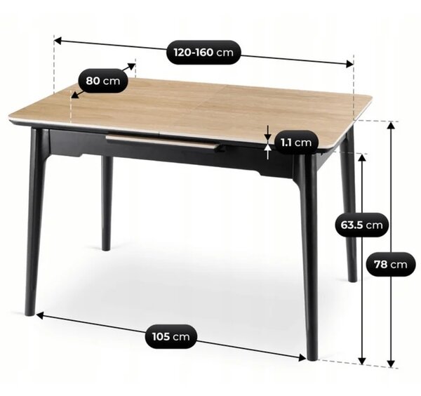 Stół Rozkładany Prostokątny SAMER 120-160 cm Ceramiczny Dąb/Czarny Loft