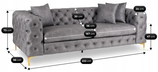 Sofa SORRENTO 3S Trzyosobowa Szara Welurowa Glamour