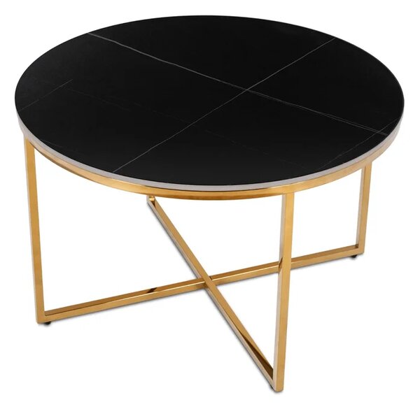 Stolik Kawowy Ceramiczny MARINE 80 cm Czarny Marmur Mat/Złoty Glamour