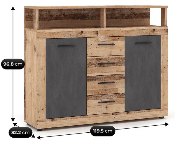 Komoda Dwudrzwiowa z Szufladami BLAGO MIDI B 119,5 cm Surowy Dąb/Grafit Loft