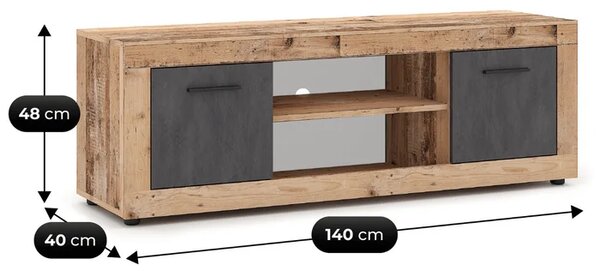 Szafka RTV BLAGO 140 cm Surowy Dąb/Grafit Dwudrzwiowa do Salonu Loft
