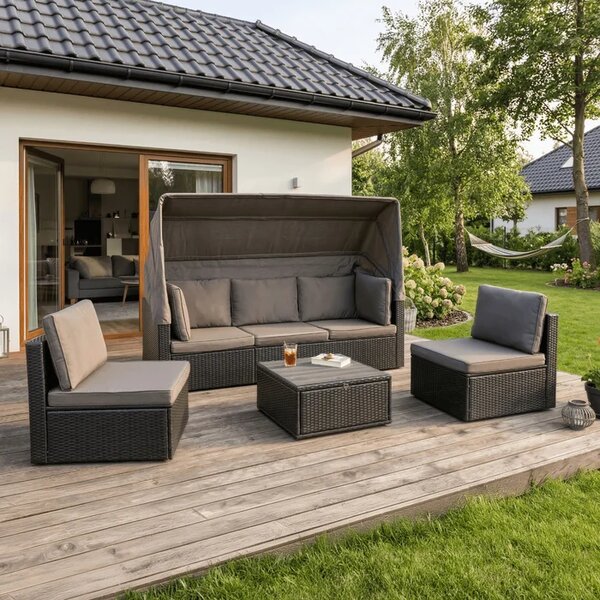 Zestaw Mebli Ogrodowych CALIENTE Modułowy Sofa 2x Fotel Stolik Tarasowy Czarny/Brązowy Technorattan Nowoczesny