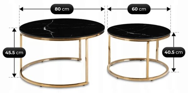Zestaw Stolików Kawowych MILANO 60 cm/80 cm Czarny Marmur/Złoty Glamour