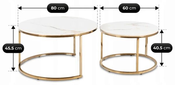 Zestaw Stolików Kawowych MILANO 60 cm/80 cm Biały Marmur/Złoty Glamour