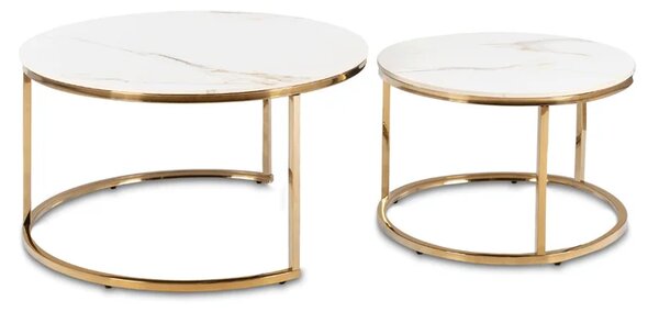 Zestaw Stolików Kawowych MILANO 60 cm/80 cm Biały Marmur/Złoty Glamour