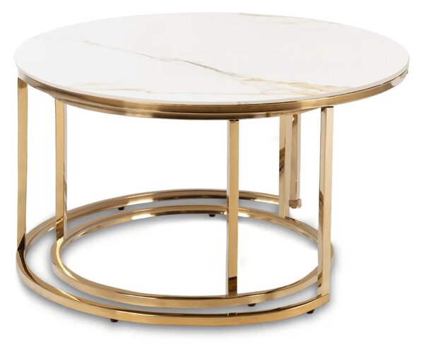 Zestaw Stolików Kawowych MILANO 60 cm/80 cm Biały Marmur/Złoty Glamour