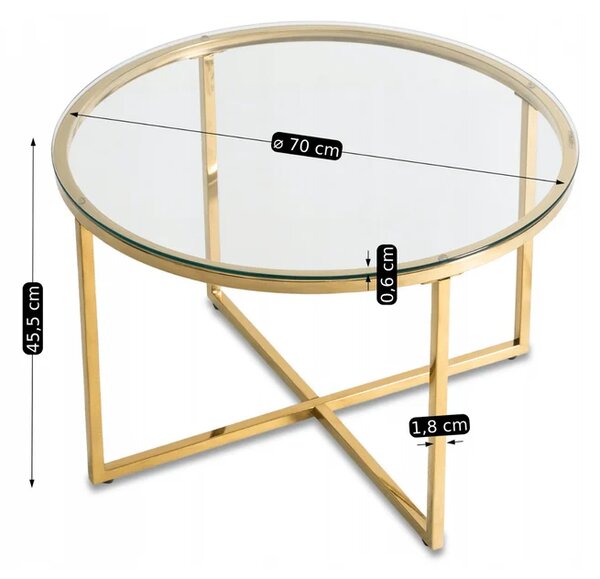 Stolik Kawowy Szklany FLIP 70 cm ze Złotymi Nogami Nowoczesny Glamour