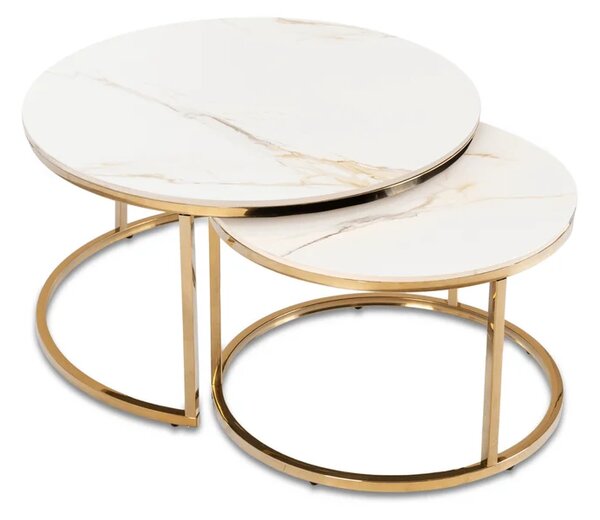 Zestaw Stolików Kawowych MILANO 60 cm/80 cm Biały Marmur/Złoty Glamour