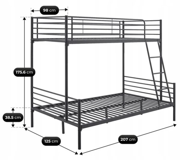 Łóżko Piętrowe Młodzieżowe 90x200 cm/ 120x200 cm TRES Metalowe Czarne