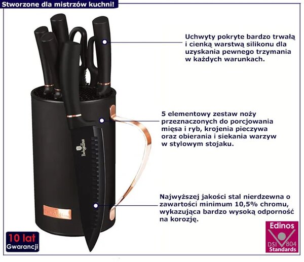 Czarny komplet noży kuchennych w bloku - Ofrex 6X