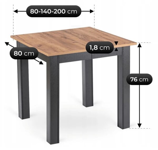 Stół Kwadratowy Rozkładany BEN 80-200 cm Dąb Craft/Czarny Loft
