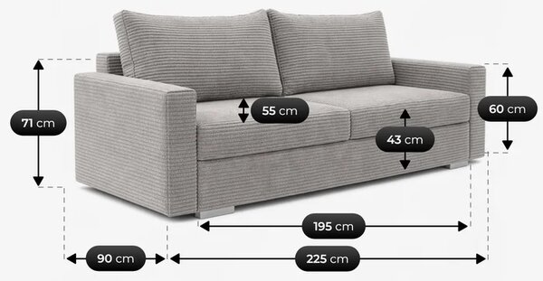 Sofa z Funkcją Spania DRAVOS Szara Sztruksowa Nowoczesna