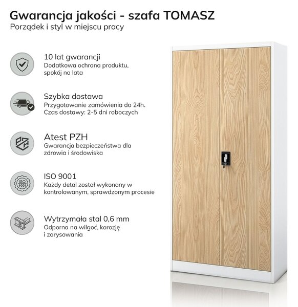 Szafa metalowa ze schowkiem biała / dąb sonoma: Eco Design TOMASZ, 900 x 1850 x 450 mm
