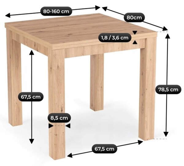 Stół Kwadratowy Rozkładany MAX 80-160 cm Dąb Artisan Nowoczesny Loft