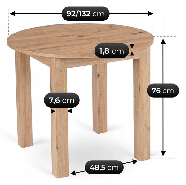 Stół Okrągły Rozkładany HARRY 92-132 cm Dąb Artisan Skandynawski