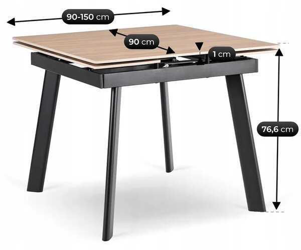 Stół Rozkładany Kwadratowy LARES 90-150 cm Ceramiczny Dąb/Czarny Loft
