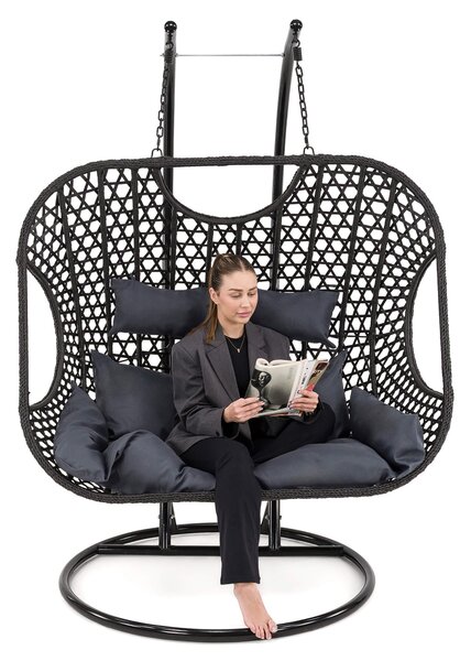 MebleMWM Fotel wiszący ogrodowy dwuosobowy XXL SC-N1 | Czarny | Poduszki szare | OUTLET