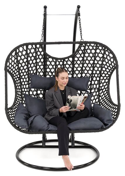 MebleMWM Fotel wiszący ogrodowy dwuosobowy XXL SC-N1 | Czarny | Poduszki szare | OUTLET