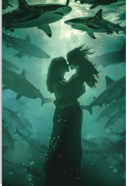 Obraz kobiet obejmujących się wśród rekinów