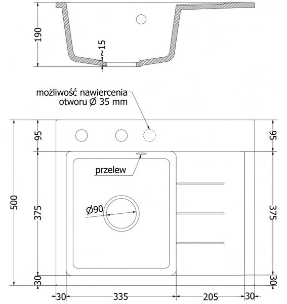 Mexen Ben zlewozmywak granitowy 1-komorowy z ociekaczem prawy 600 x 500 mm, biały, syfon złoty - 6523605000-20-G