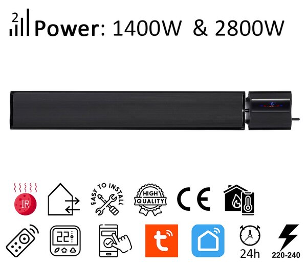 Grzejnik elektryczny ElectricSun 2800W /1400W czarny ogrzewanie na podczerwień z termostatem, z WiFi aplikacja Smart Life, 180x15cm, instalacja na suf
