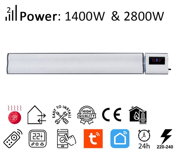 Grzejnik elektryczny ElectricSun 2800W / 1400W biały ogrzewanie na podczerwień z termostatem, z WiFi aplikacja Smart Life, 180x15cm, instalacja na suf