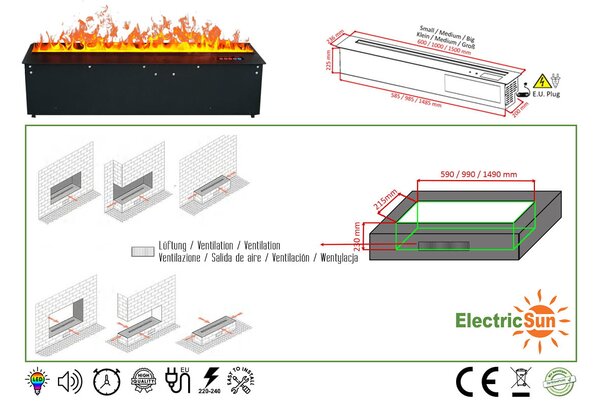 Wkład kominek elektryczny 3D do zabudowy z parą wodną, Led, z aplikacją, ElectricSun MISTique mały 60 cm