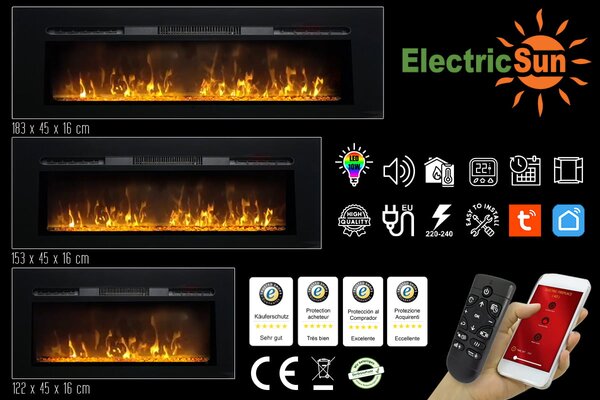 Kominek elektryczny ścienny 3D ElectricSun PAULA DUŻY czarny szkło, naścienny, podłogowy lub wbudowane, z dźwiękiem, 10 kolory, z aplikacją, L183xH45x