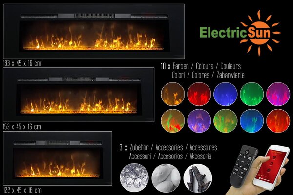 Kominek elektryczny ścienny 3D ElectricSun PAULA DUŻY czarny szkło, naścienny, podłogowy lub wbudowane, z dźwiękiem, 10 kolory, z aplikacją, L183xH45x