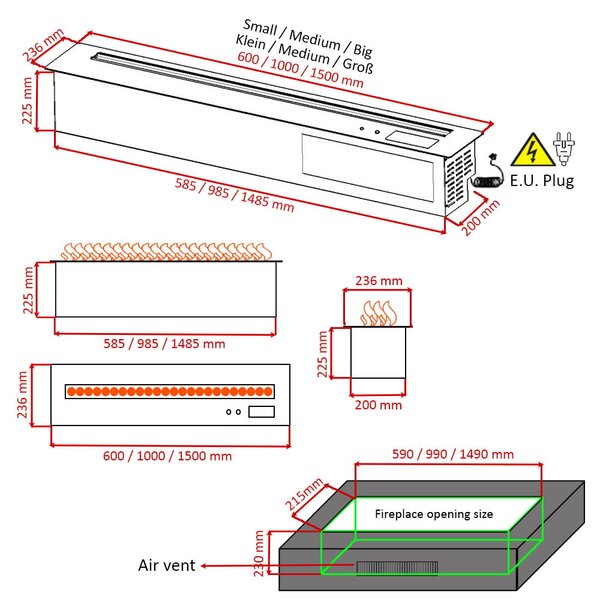 Wkład kominek elektryczny 3D do zabudowy z parą wodną, Led, z aplikacją, ElectricSun MISTique mały 60 cm