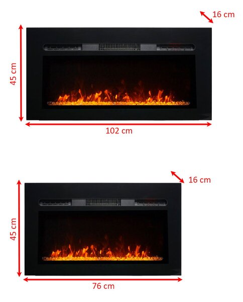 Kominek elektryczny 3D ElectricSun PAULA XXS czarny szkło, naścienny, podłogowy lub wbudowane, 3 kolory, L76xH45x16cm