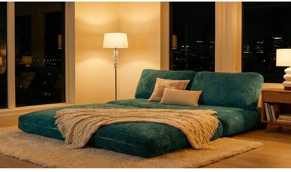Zielononiebieska rozkładana sofa z materiału bouclé 150 cm Faster – Mauro Ferretti