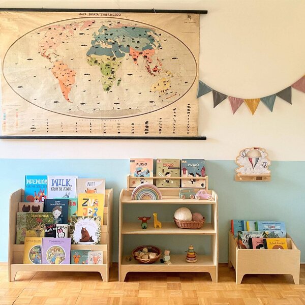 Zestaw mebli Montessori dla dzieci - biblioteczka, regał, box