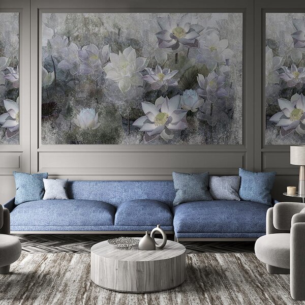 Tapeta Artystyczna Malumi Lotus Blossom - Grey - W Kwiaty Lotosu