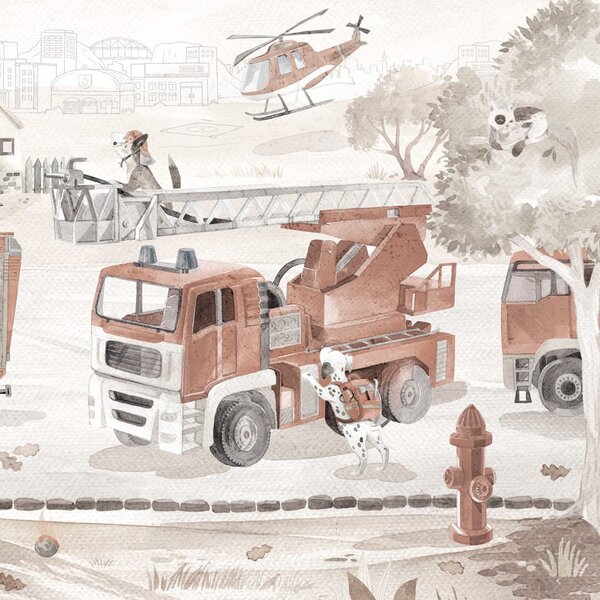 Tapeta Malumi FIRE PATROL - Sepia - Z Wozem Strażackim I Zwierzątkami