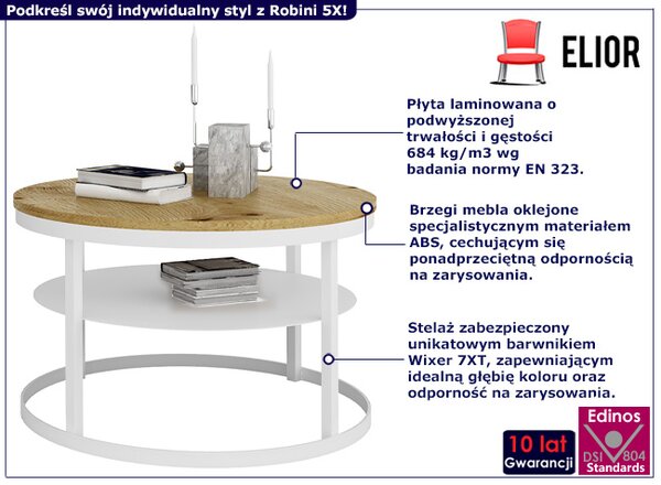 Okrągły skandynawski stolik kawowy biały + dąb artisan W7-H98