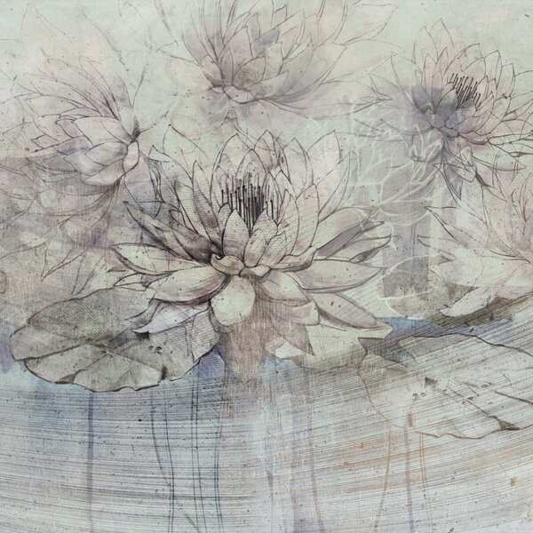 Tapeta Artystyczna Water Lilies - Blue - Tapeta Do Salonu Z Motywem Lilii Wodnych