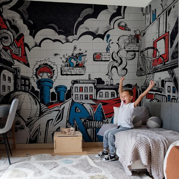 Tapeta dla dzieci Malumi GRAFFITI - red - tapeta skejciarska do pokoju nastolatka