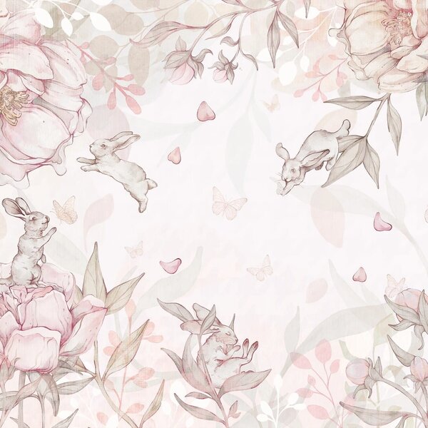 Tapeta dla dzieci Malumi FLOWER BUNNIES - pink - tapeta dla dziewczynki z króliczkami