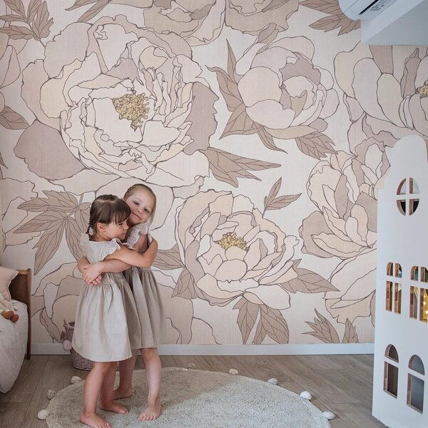 Tapeta dla dzieci Malumi PEONIES - sepia - tapeta kwiatowa do pokoju dziewczęcego