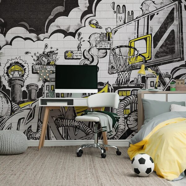 Tapeta dla dzieci Malumi GRAFFITI - yellow - tapeta doodle do pokoju nastolatka