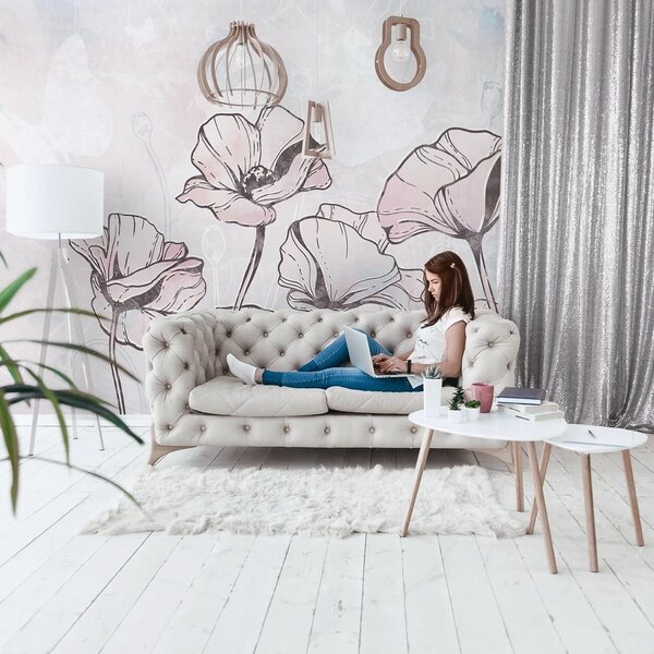 Tapeta dla dzieci Malumi FLORA KIDS - blue - tapeta w kwiaty i motyle do pokoju dziewczęcego