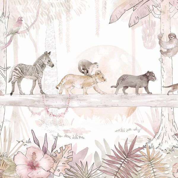 Tapeta dla dzieci Malumi SAFARI - ANIMALS - rose - tapeta do pokoju dziewczynki