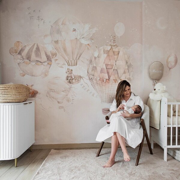 Tapeta dla dzieci Malumi BALLOONS - beige - tapeta dziecięca z balonami wycieczkowymi i chmurami