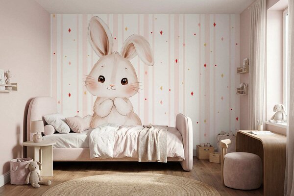 Fototapety Uroczy króliczek na tle różowych pasków i kolorowych gwiazdek, Fototapety Zwierzęta, w05920 : Uwalls.pl