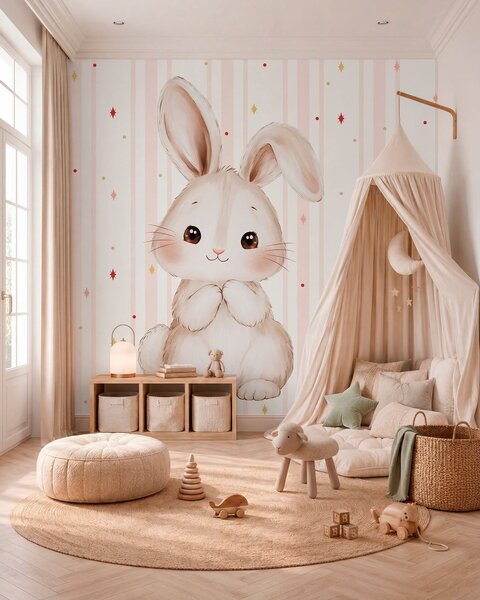 Fototapety Uroczy króliczek na tle różowych pasków i kolorowych gwiazdek, Fototapety Zwierzęta, w05920 : Uwalls.pl