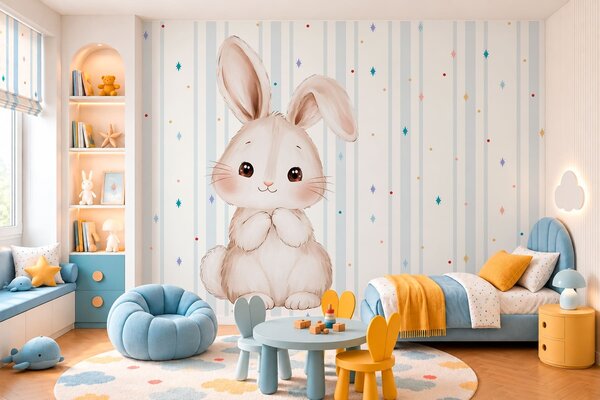 Fototapety Uroczy króliczek na tle niebieskich pasków i kolorowych gwiazdek, Fototapety Zwierzęta, w05920v3 : Uwalls.pl